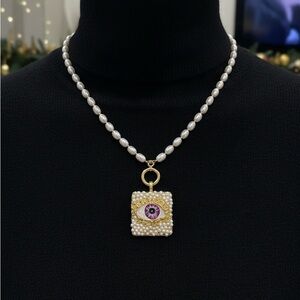 NWT Pearl Necklace with Gold and Purple EVIL Eye Pendant